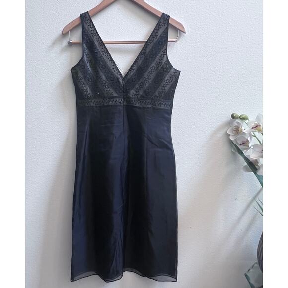 Vtg Ann Taylor V-Neck Silk Beaded Black Midi Formal Dress Wedding Guest Size 4 - Picture 2 of 7
